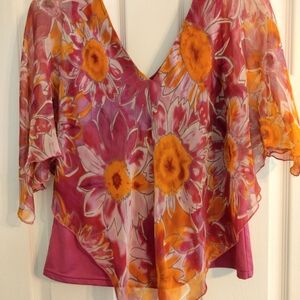 dressbarn Floral Chiffon Blouse - Pink and Orange